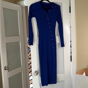 Karen Millen Cobalt Blue Ribbed Sweater Dress with Gold Stud Accents